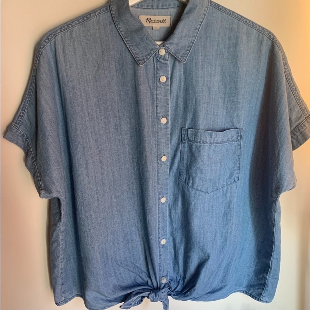 Madewell Blue Short Sleeve Tie Bottom Boxy Button Down Shirt - Picture 5 of 14